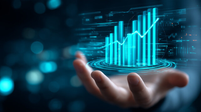 Digital Holographic Bar Chart and Growth Line Displayed Above an Open Hand
