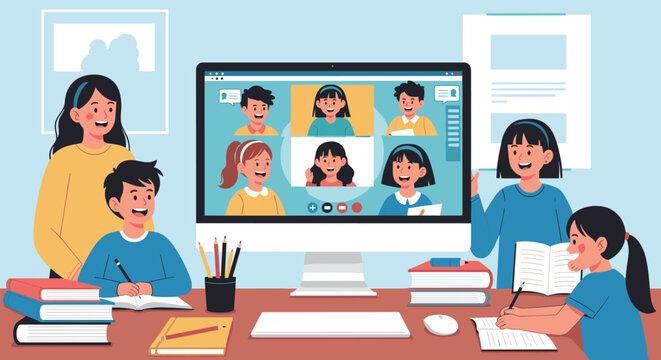 Children and teacher participate in an online class together.