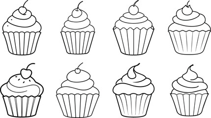 Collection of eight hand drawn black and white cupcakes with cherries on top