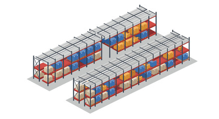 Fototapeta premium Isometric warehouse shelves with colorful boxes and industrial storage