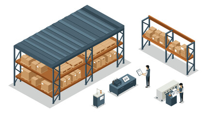 Modern warehouse with workers and shelves in isometric style