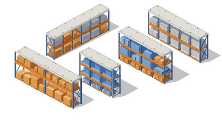 Obraz premium Isometric warehouse shelves with boxes and storage containers in modern design