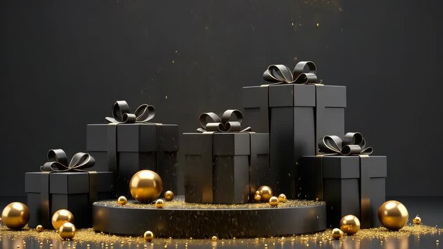 Beautifully wrapped gifts in black boxes on podium and ornaments creating magical holiday atmosphere. Suitable for Christmas campaigns, golden balls, Confetti