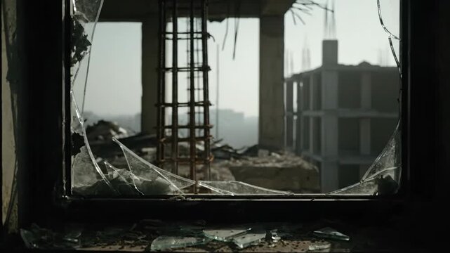 Looking Through Shattered Window at Building Construction on a Gloomy Day