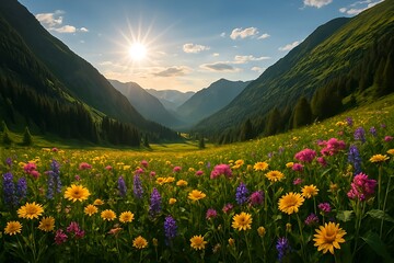 Obraz premium Sunlit Mountain Valley with Wildflowers – Photorealistic Nature Landscape