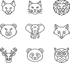 Wild Animals Head Line Art Vector Icons - Simple Outline Set