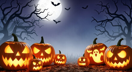 spooky halloween illustration for kids carwed pumpkins and copy space in the middle. High quality photo