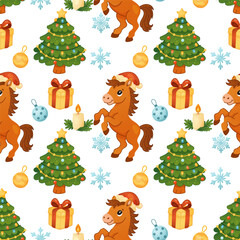 Christmas pattern with pony tree gifts and snowflakes