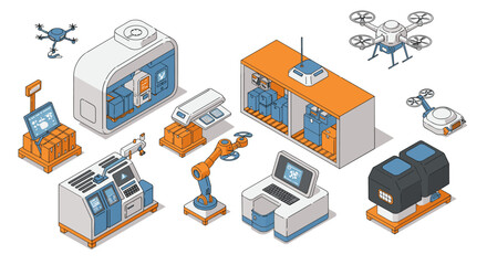 Fototapeta premium Modern isometric smart factory automation with robotics and drones