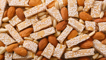 Background Texture Of Typical Christmas Dessert Nougat With Almonds And Sesame Seeds Spanish Turron