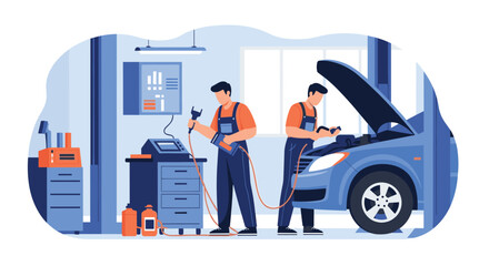 Mechanics perform routine maintenance on a car in a modern auto repair shop.