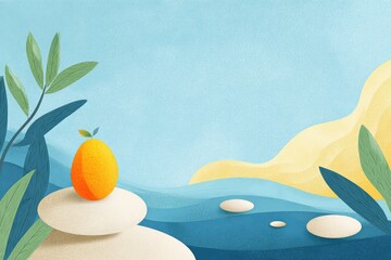 Serene landscape with an orange fruit atop stacked stones by a stylized ocean, under a light blue sky; paper-cut style