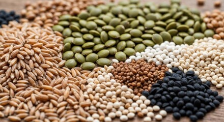 Naklejka premium Assorted grains and seeds in a heap, light brown background