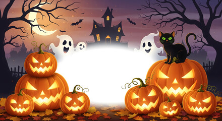 spooky halloween illustration for kids carwed pumpkins and copy space in the middle. High quality photo