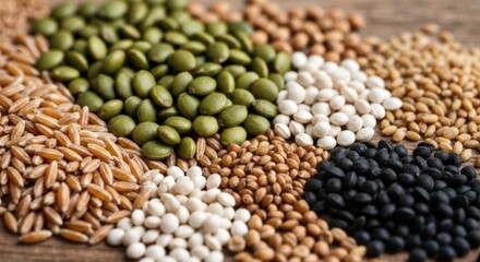 Fototapeta premium Assorted seeds and grains scattered on wooden table, close-up detailed view