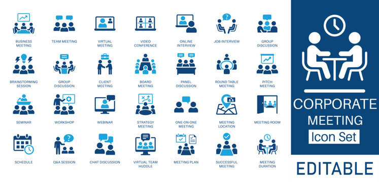 Corporate Meeting solid icon set. Contains symbols for Virtual Meeting, Webinar, Board Meeting, and Strategy Meeting. Flat vector design for corporate presentations and team collaboration.