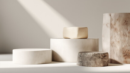 Minimalist Product Display Podiums with Sunlight and Diagonal Shadow on a Neutral Beige Background