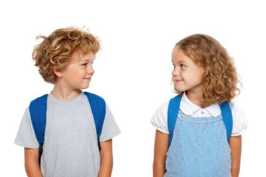 School Kids Smiling at Each Other With Backpacks in a Bright Space