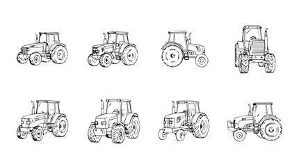 Collection of hand-drawn tractors agricultural machinery farm equipment icons set vector