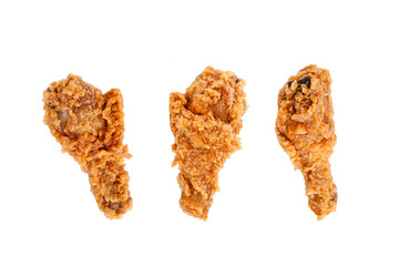set of pieces of deep fried chicken drumsticks isolated on white background, including clipping path