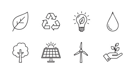 Hand drawn eco friendly icons representing sustainability nature energy and growth concepts vector