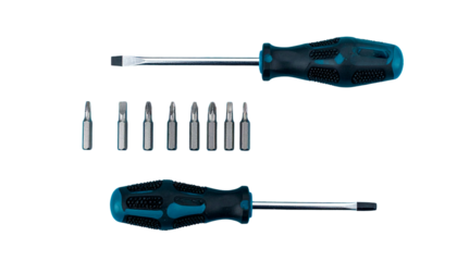 Modern screwdriver kit set isolated on transparent background