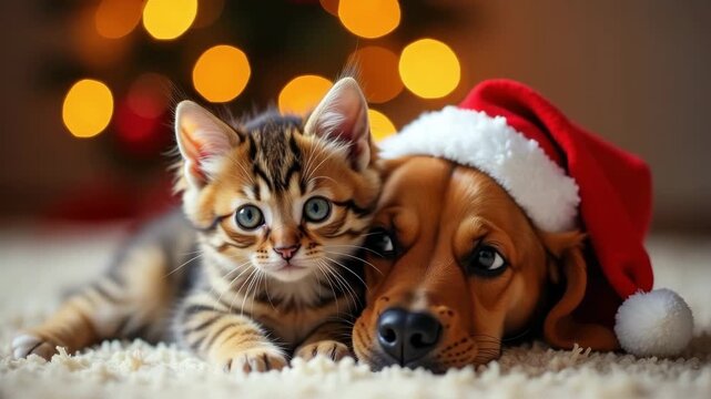 Adorable kitten and dog wearing festive Santa hat, snuggling together on soft carpet, surrounded by warm glowing Christmas lights, capturing the joy of holiday companionship