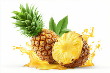 Whole and Halved Pineapple Splashing with Juice Isolated on White Background9698