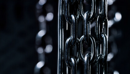 Close Up Of Black Metallic Chains In Dark Environment