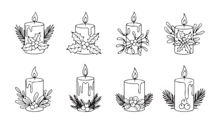 Set of eight hand drawn christmas candles with pine branches festive holiday sketch elements vector