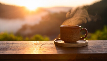 Cozy Morning Scene With Steaming Coffee In Rustic Ceramic Cup And Soft Sunrise Light