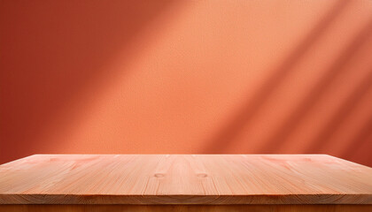 Empty Table On Salmon Color Background With Natural Shadow On The Wall Mock Up For Food Branding Products Presentation Perfumes Or Health Care