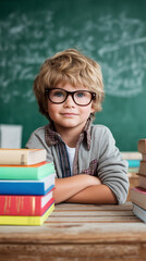 Cute Little Schoolboy with Glasses Sitting at Desk with Stack of Books