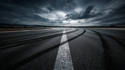 Dark and Dramatic Empty Race Track with Tire Skid Marks Under Cloudy Sky