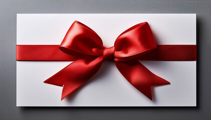 Elegant Deep Red Satin Ribbon Bow Tied Neatly On A Plain White Rectangular Card Against A Smooth Gray Background Evoking Simplicity And Sophistication