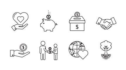Set of hand-drawn charity and donation icons for fundraising and support concepts vector