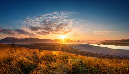 Peaceful Sunrise Over Calm Landscape With Soft Glowing Sky