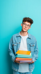 Portrait of a young male student in glasses holding a stack of colorful textbooks