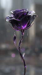 Glowing Dark Purple Rose Made of Glass or Crystal with Cityscape Background