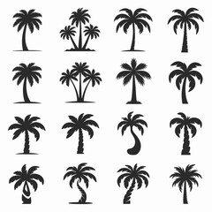 Collection of stylized palm tree vector illustrations for tropical and summer designs silhouette