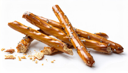 Broken Salty Cracker Pretzel Sticks With Crumbs Isolated On White Background