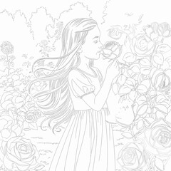 Vector illustration of a young girl enjoying roses in a garden scalable svg art silhouette