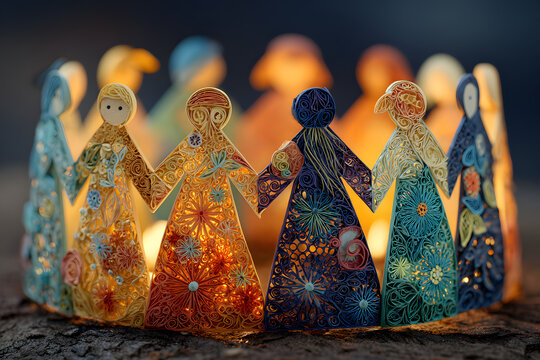 Diverse family structures representing love and unity with colorful paper cutouts arranged in a circle on a wooden background - Powered by Adobe