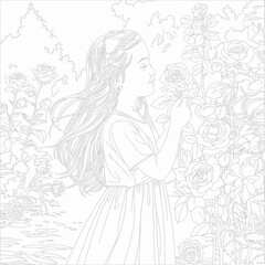 Vector illustration of a young girl enjoying the scent of roses in a lush garden silhouette