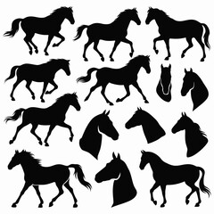 Collection of horse silhouettes and head illustrations for vector graphics and design projects silhouette