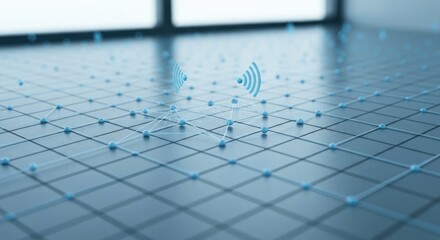 Blue interconnected dot grid with two wifi icons in a bright airy room