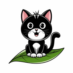 Cute black cat illustration sitting on a green leaf adorable vector graphic scalable for designs silhouette