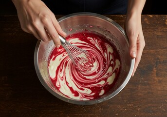 Woman whisking red fruit puree into cake batter in a glass bowl.