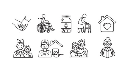 Collection of hand drawn medical and healthcare icons representing senior care and assistance vector