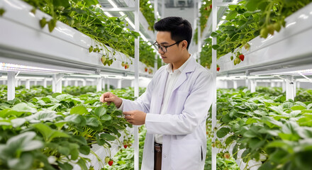 Modern Agricultural Tech Scientist Analyzing Strawberry Plants in a Vertical Farm Environment Innovative Greenhouse System Technology and Sustainable Cultivation Project